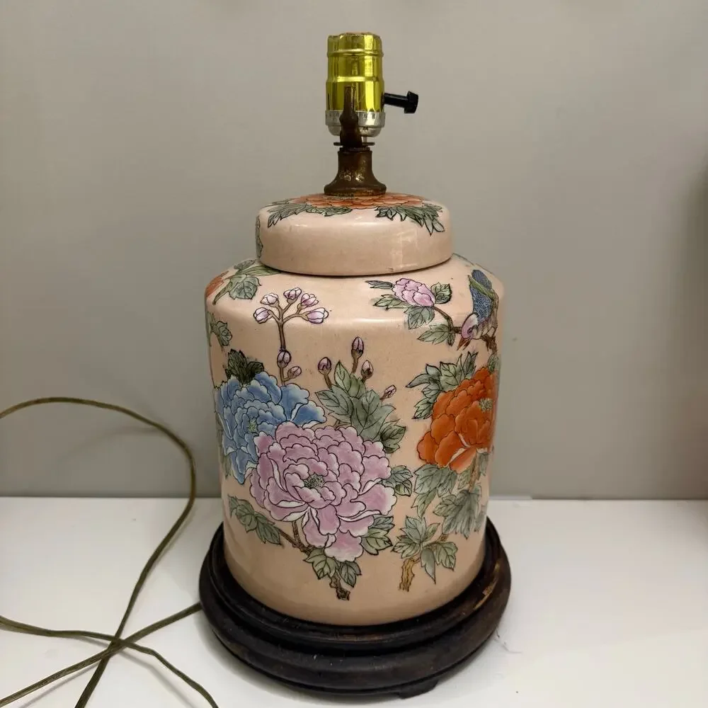 Chinese Ginger Jar Table Lamp Enamel Porcelain Pink Floral Bird Chinoiserie